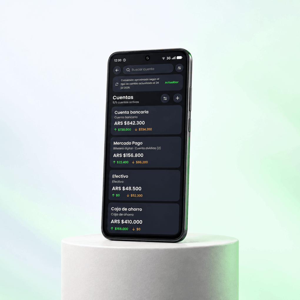 Finami – Account Management Finami’s accounts screen on an Android phone, showing bank, digital wallet, cash, and savings balances.