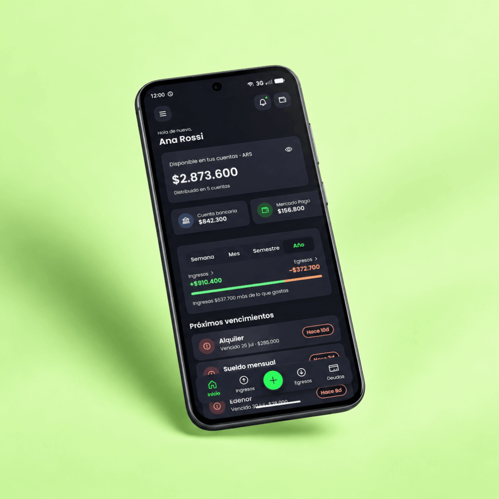 Finami – Personal Finance Dashboard Finami mobile dashboard showing account balances, income, expenses, and upcoming payments on an Android phone.