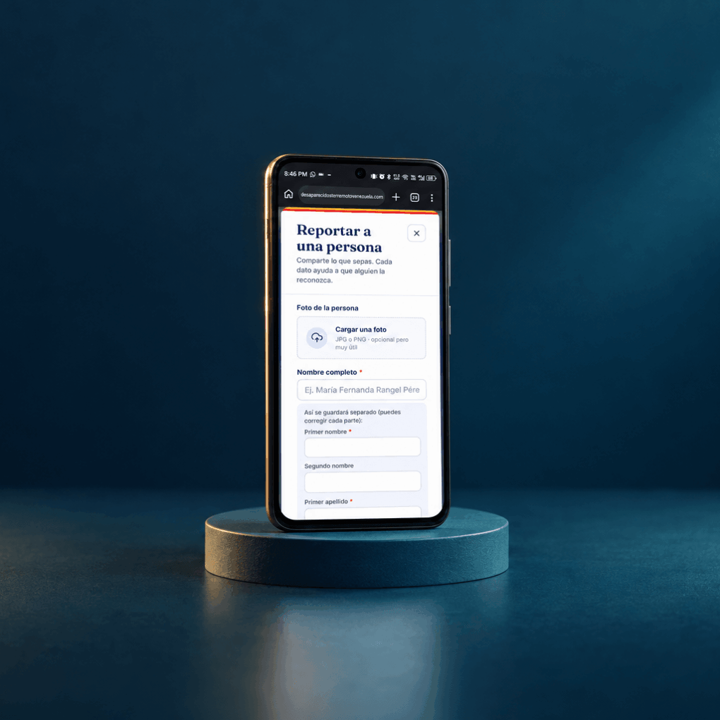 Every detail can help reconnect a family Smartphone displaying a missing person report form with a photo upload area and name fields.