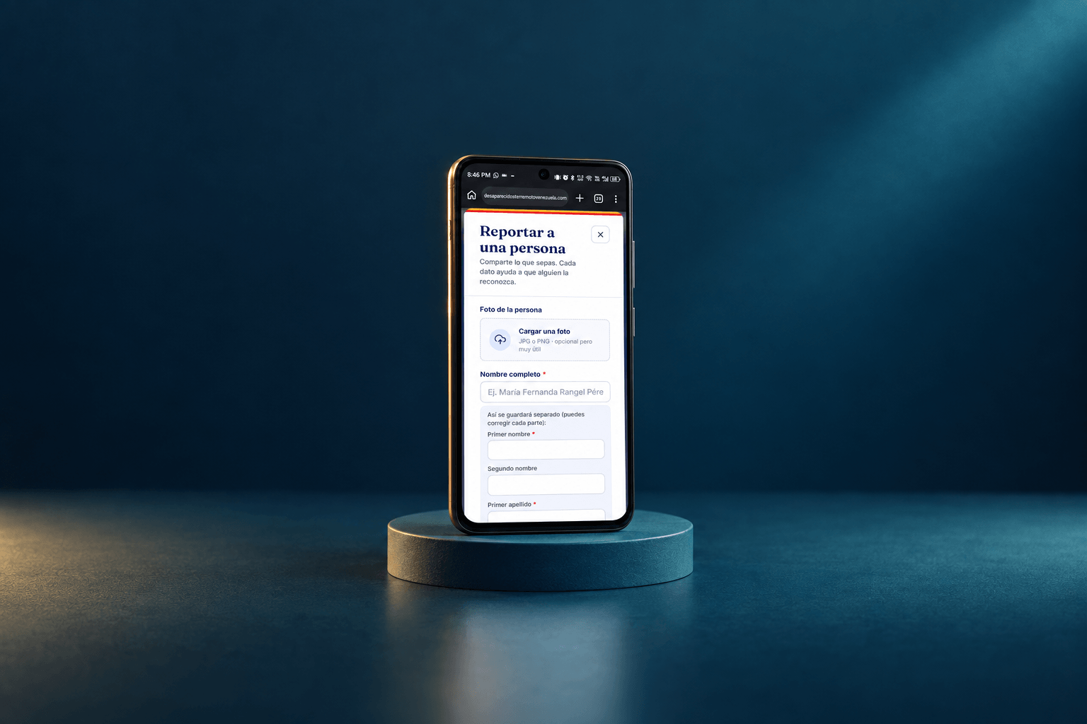 Smartphone displaying a missing person report form with a photo upload area and name fields.