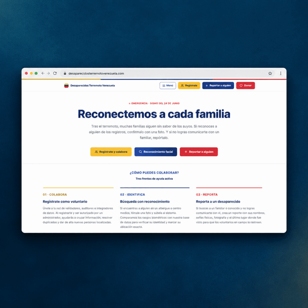 Human technology that reconnects Desaparecidos Terremoto Venezuela homepage with options to volunteer, identify people and report a missing person.
