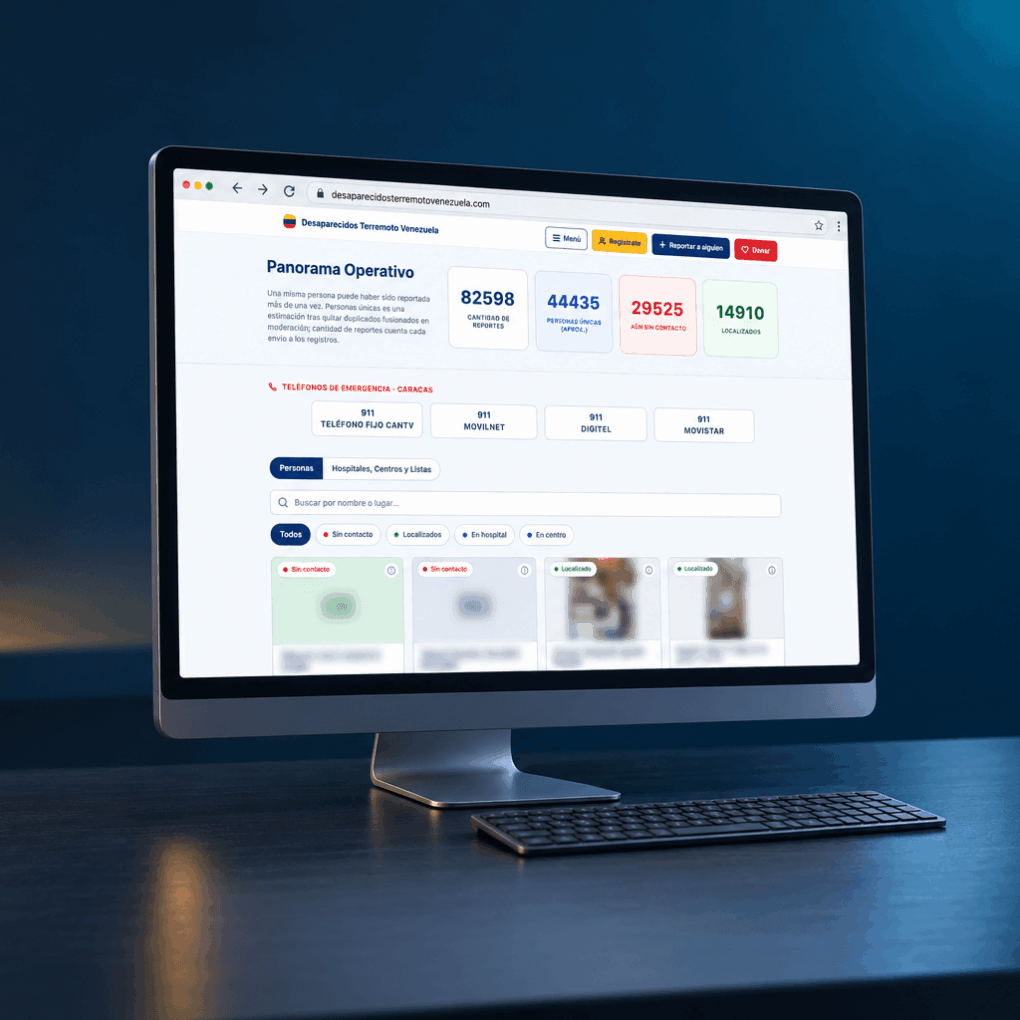 Operational clarity at scale Browser mockup of the Desaparecidos Terremoto Venezuela homepage. The platform developed by The Empire brings reporting, search and volunteer participation together to support families looking for loved ones.